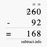 Calculate 260 minus 92 using long subtraction