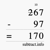 Calculate 267 minus 97 using long subtraction