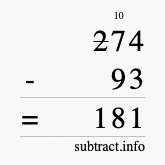 Calculate 274 minus 93 using long subtraction