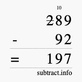 Calculate 289 minus 92 using long subtraction
