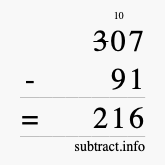 Calculate 307 minus 91 using long subtraction