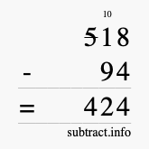 Calculate 518 minus 94 using long subtraction