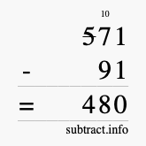 Calculate 571 minus 91 using long subtraction