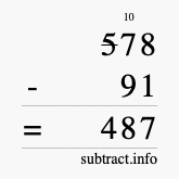 Calculate 578 minus 91 using long subtraction