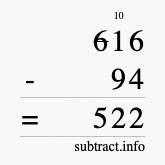 Calculate 616 minus 94 using long subtraction