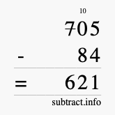 Calculate 705 minus 84 using long subtraction