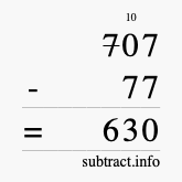 Calculate 707 minus 77 using long subtraction