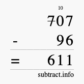 Calculate 707 minus 96 using long subtraction