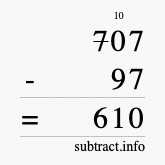 Calculate 707 minus 97 using long subtraction