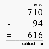 Calculate 710 minus 94 using long subtraction