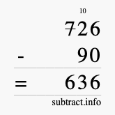 Calculate 726 minus 90 using long subtraction