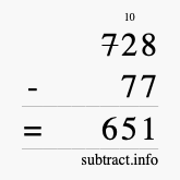 Calculate 728 minus 77 using long subtraction