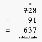 Calculate 728 minus 91 using long subtraction