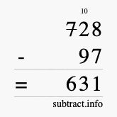 Calculate 728 minus 97 using long subtraction