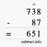 Calculate 738 minus 87 using long subtraction
