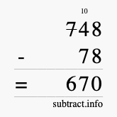 Calculate 748 minus 78 using long subtraction