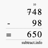 Calculate 748 minus 98 using long subtraction