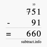 Calculate 751 minus 91 using long subtraction