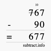 Calculate 767 minus 90 using long subtraction