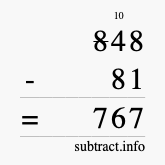 Calculate 848 minus 81 using long subtraction