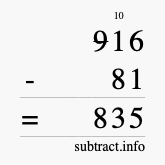 Calculate 916 minus 81 using long subtraction