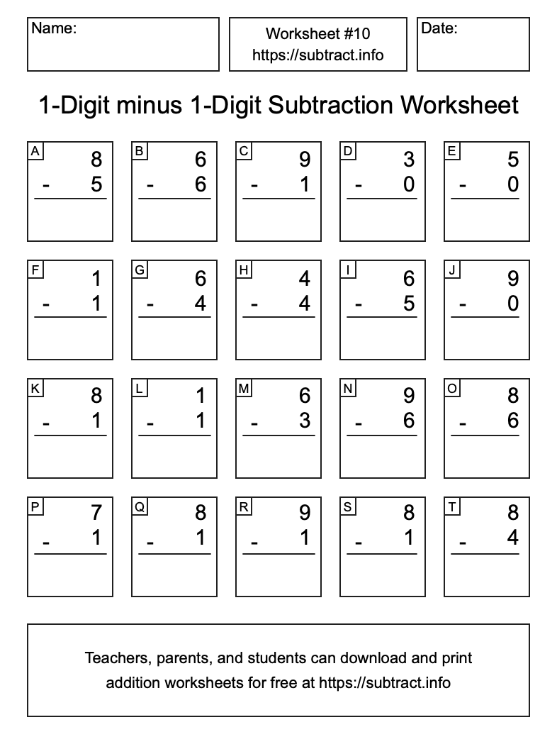 Subtraction Worksheet #10 (1-Digit minus 1-Digit)