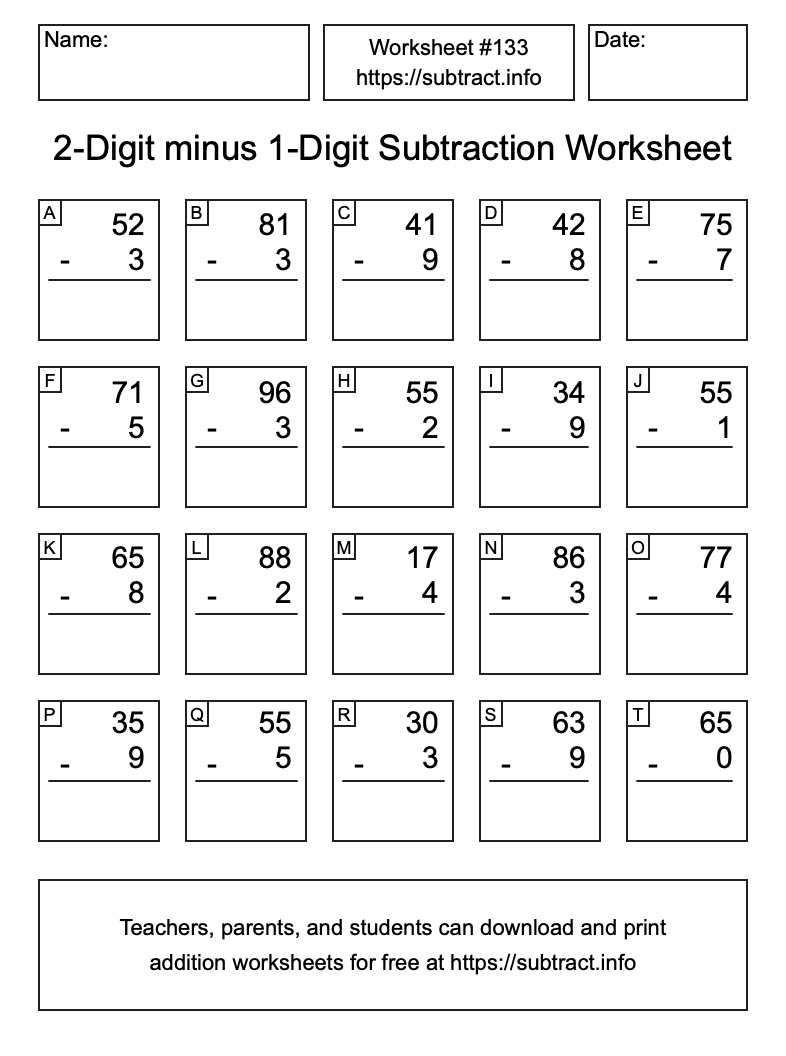 Subtraction Worksheet #133 (2-Digit minus 1-Digit)