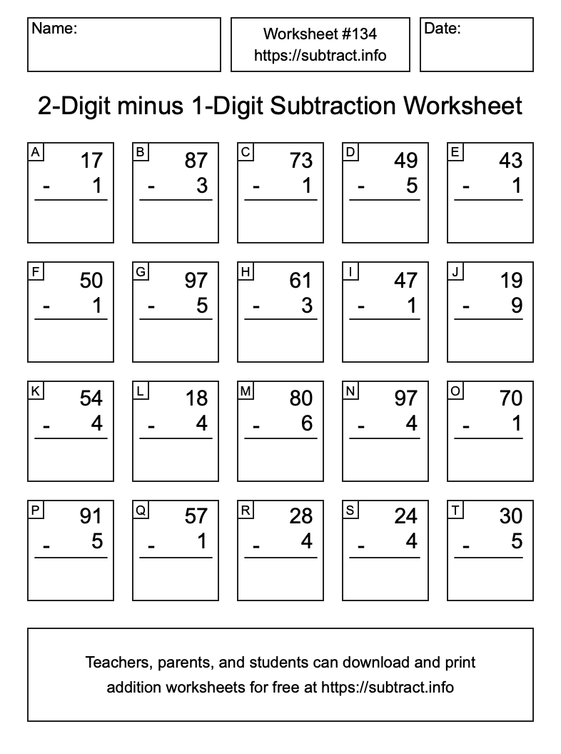 Subtraction Worksheet #134 (2-Digit minus 1-Digit)