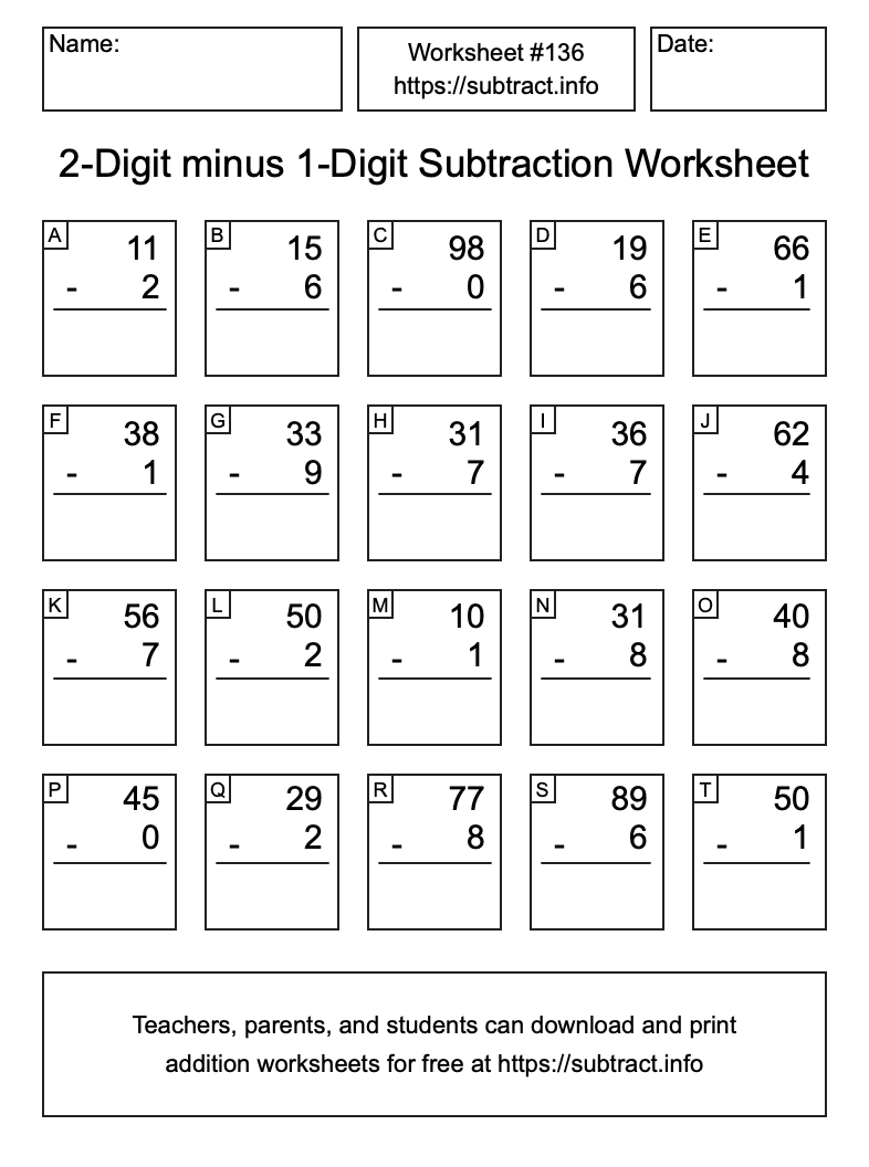 Subtraction Worksheet #136 (2-Digit minus 1-Digit)