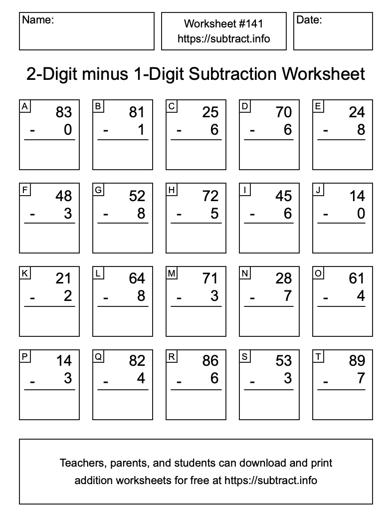 Subtraction Worksheet #141 (2-Digit minus 1-Digit)