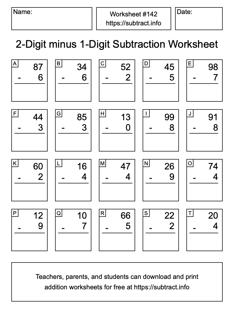 Subtraction Worksheet #142 (2-Digit minus 1-Digit)