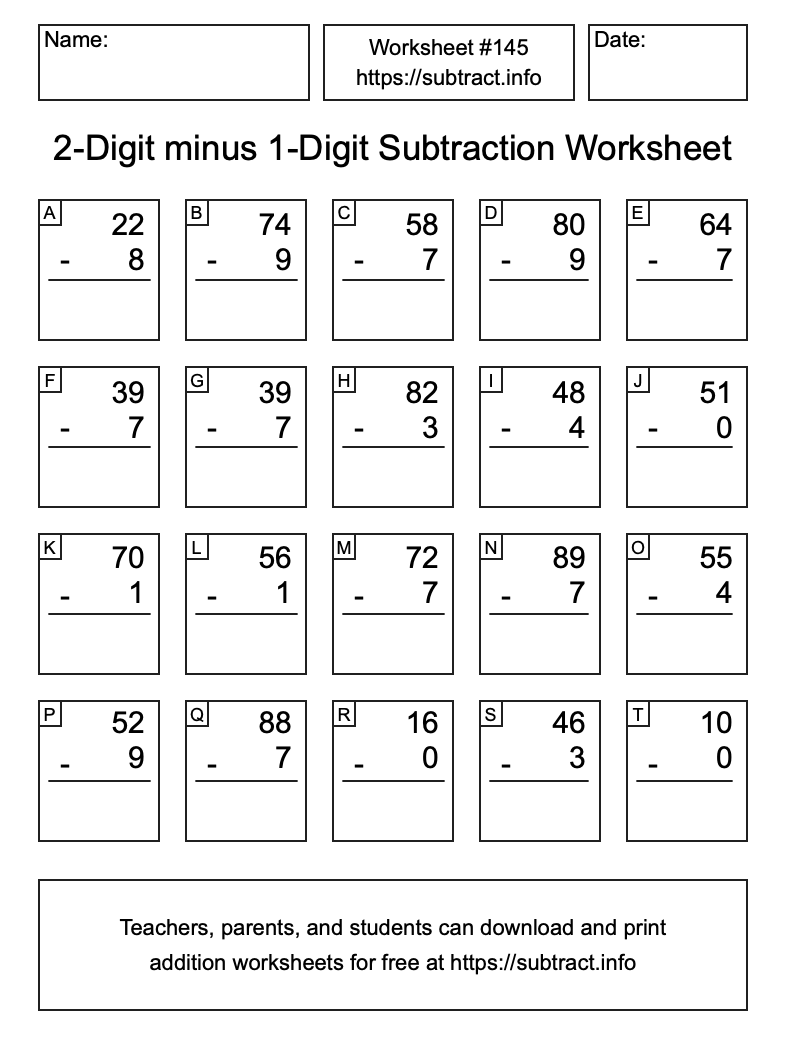Subtraction Worksheet #145 (2-Digit minus 1-Digit)