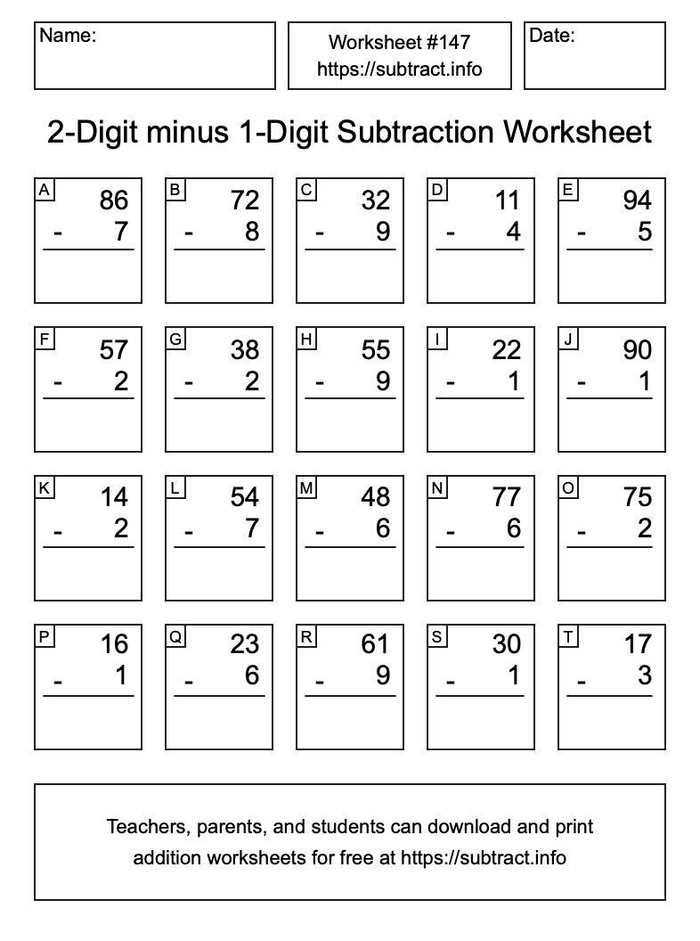 Subtraction Worksheet #147 (2-Digit minus 1-Digit)