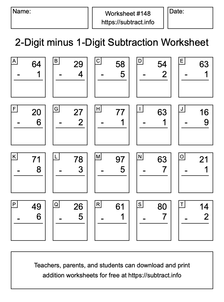 Subtraction Worksheet #148 (2-Digit minus 1-Digit)