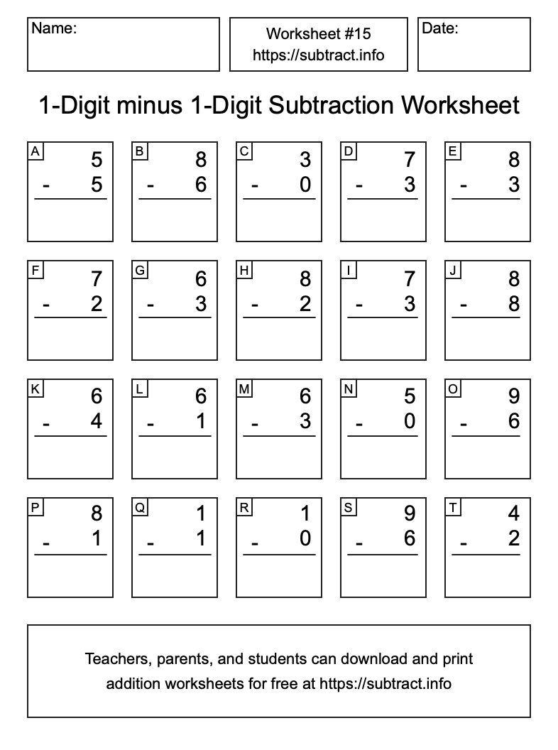 Subtraction Worksheet #15 (1-Digit minus 1-Digit)
