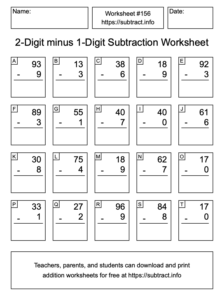Subtraction Worksheet #156 (2-Digit minus 1-Digit)