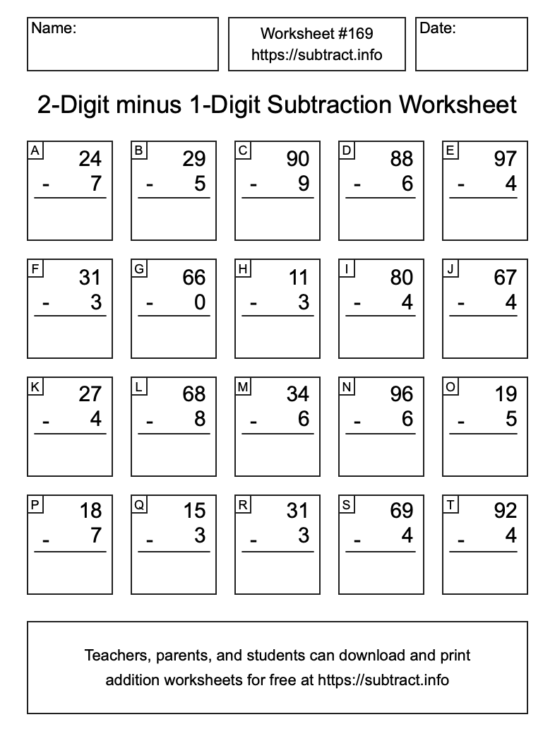 Subtraction Worksheet #169 (2-Digit minus 1-Digit)