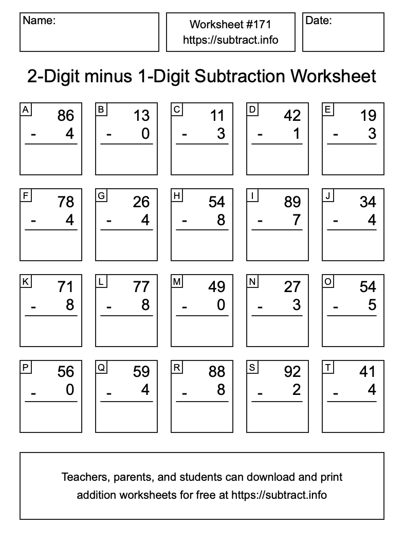 Subtraction Worksheet #171 (2-Digit minus 1-Digit)
