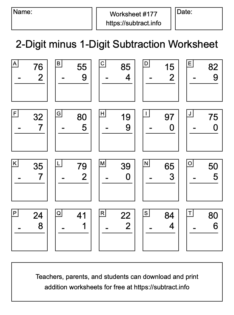 Subtraction Worksheet #177 (2-Digit minus 1-Digit)
