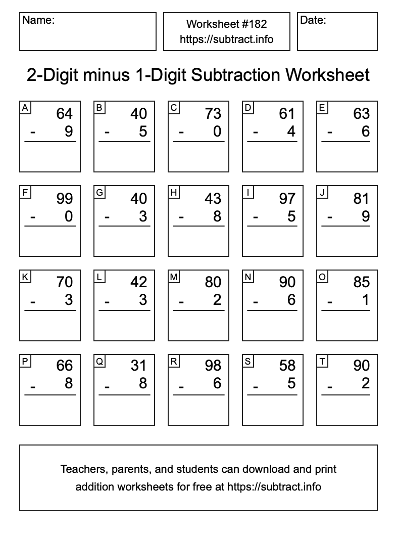 Subtraction Worksheet #182 (2-Digit minus 1-Digit)