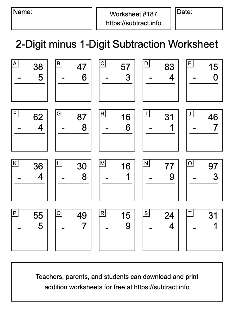 Subtraction Worksheet #187 (2-Digit minus 1-Digit)