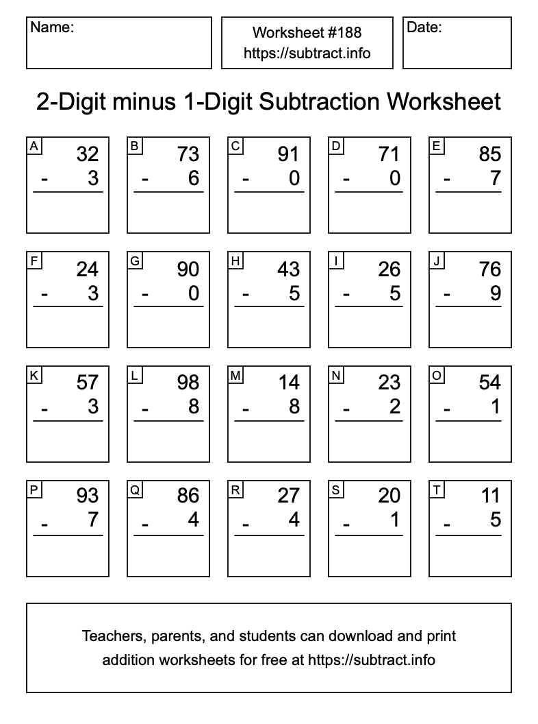 Subtraction Worksheet #188 (2-Digit minus 1-Digit)