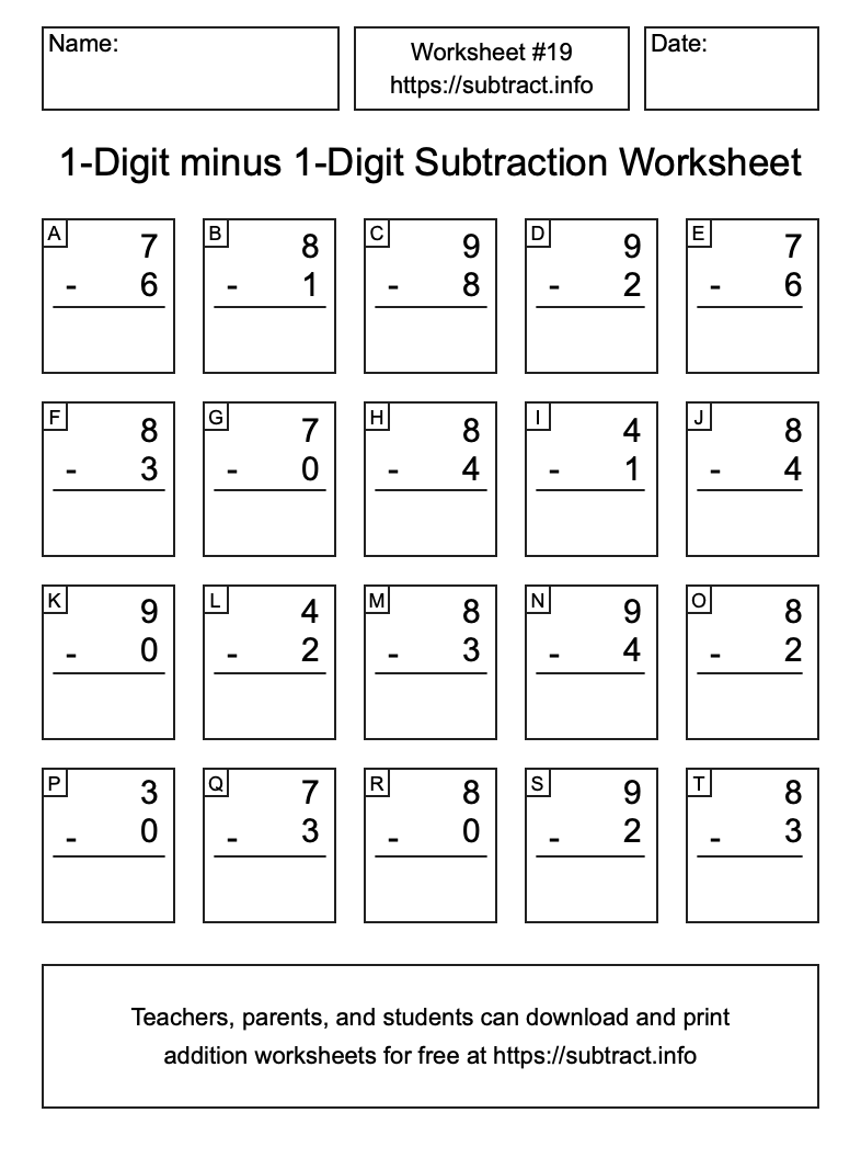 Subtraction Worksheet #19 (1-Digit minus 1-Digit)