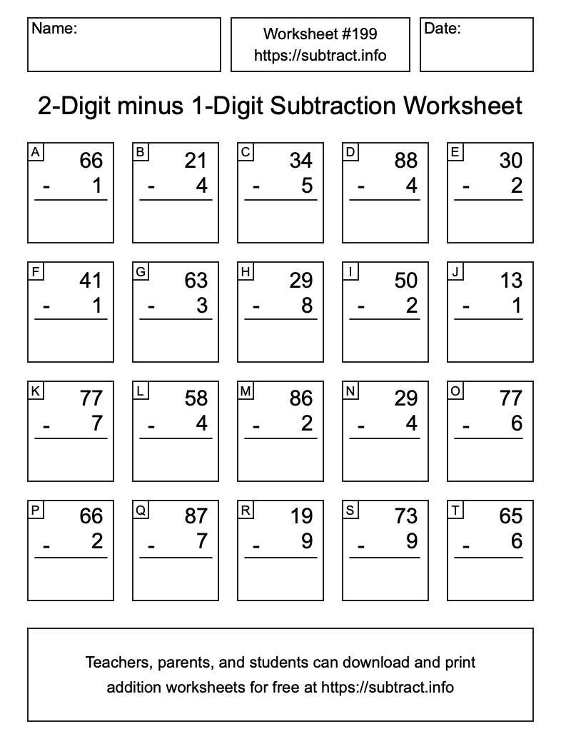 Subtraction Worksheet #199 (2-Digit minus 1-Digit)