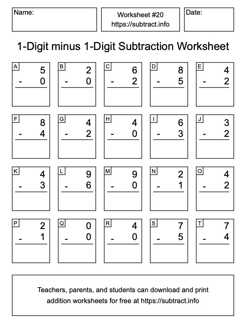 Subtraction Worksheet #20 (1-Digit minus 1-Digit)