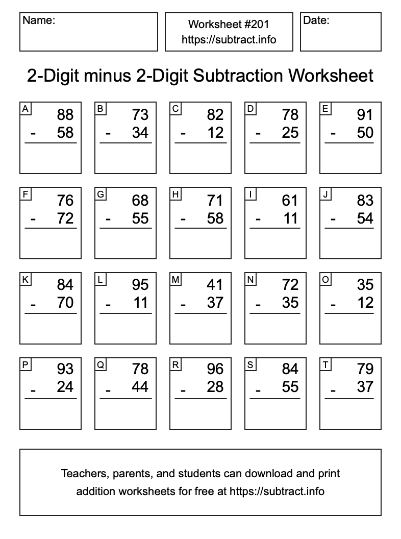 Subtraction Worksheet #201 (2-Digit minus 2-Digit)