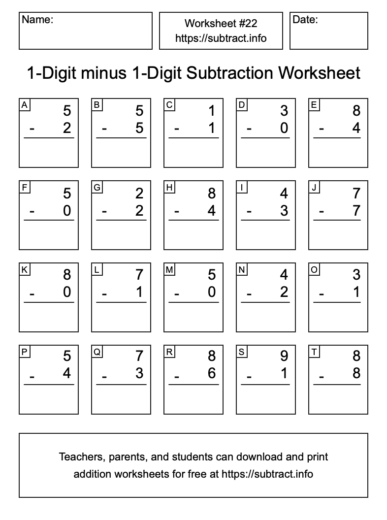 Subtraction Worksheet #22 (1-Digit minus 1-Digit)