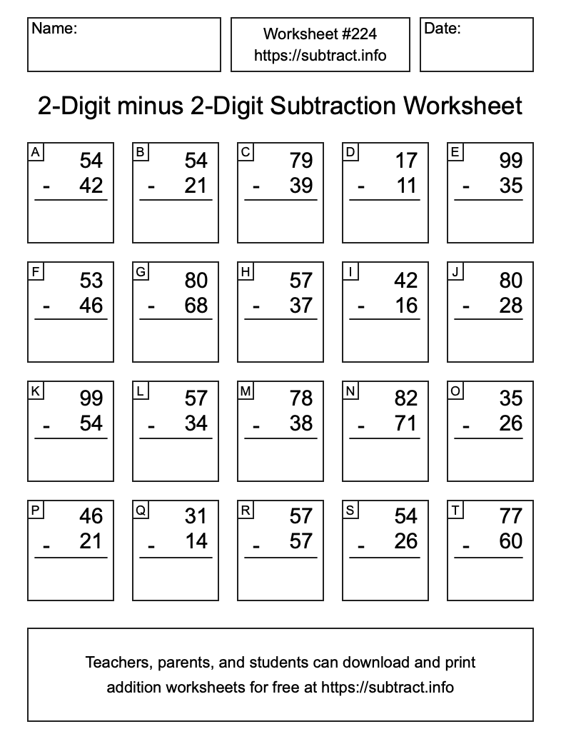 Subtraction Worksheet #224 (2-Digit minus 2-Digit)