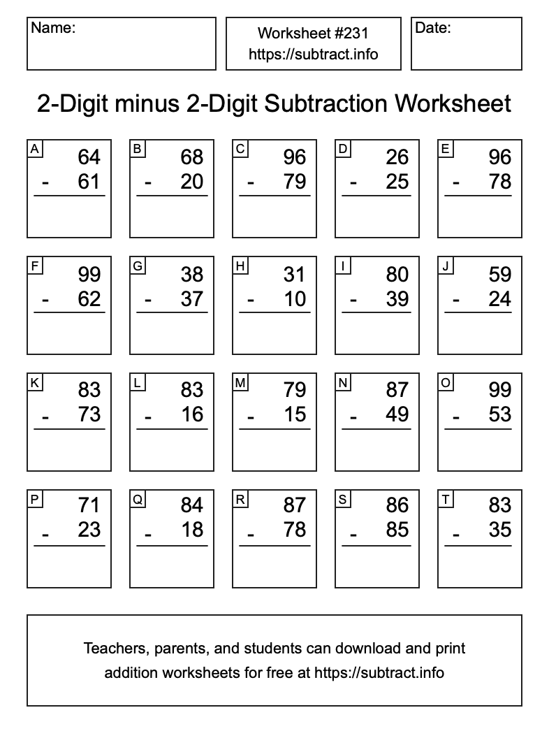 Subtraction Worksheet #231 (2-Digit minus 2-Digit)