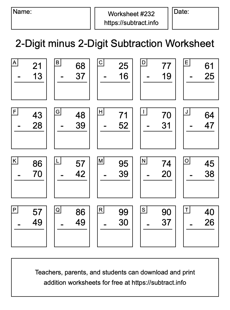 Subtraction Worksheet #232 (2-Digit minus 2-Digit)